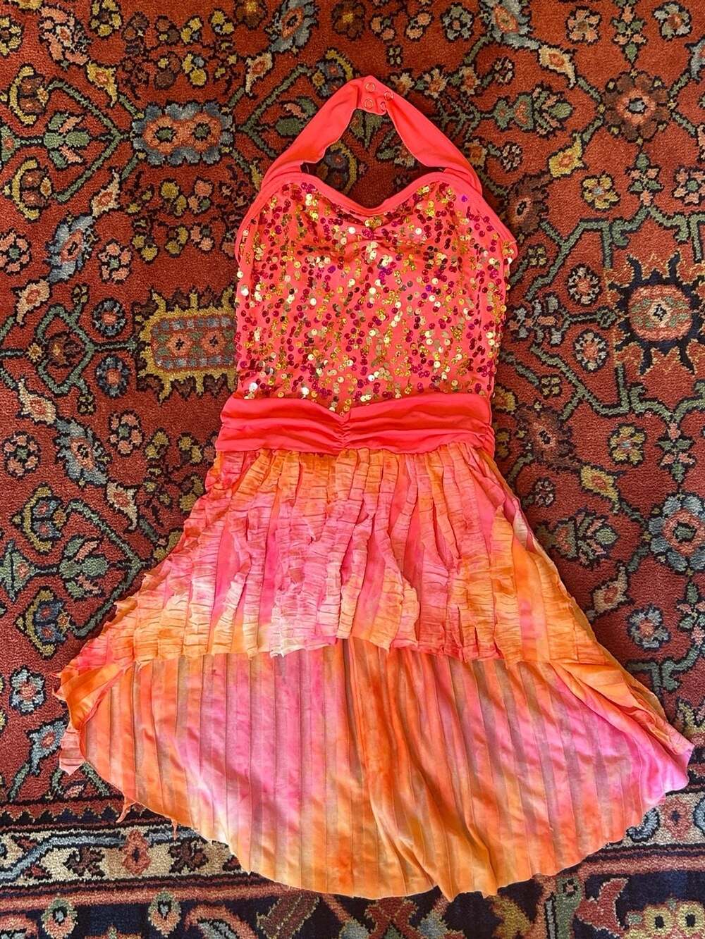 Weissman Dance Costume Size MC Pink Coral Se sequins Halter Ruffle Dress